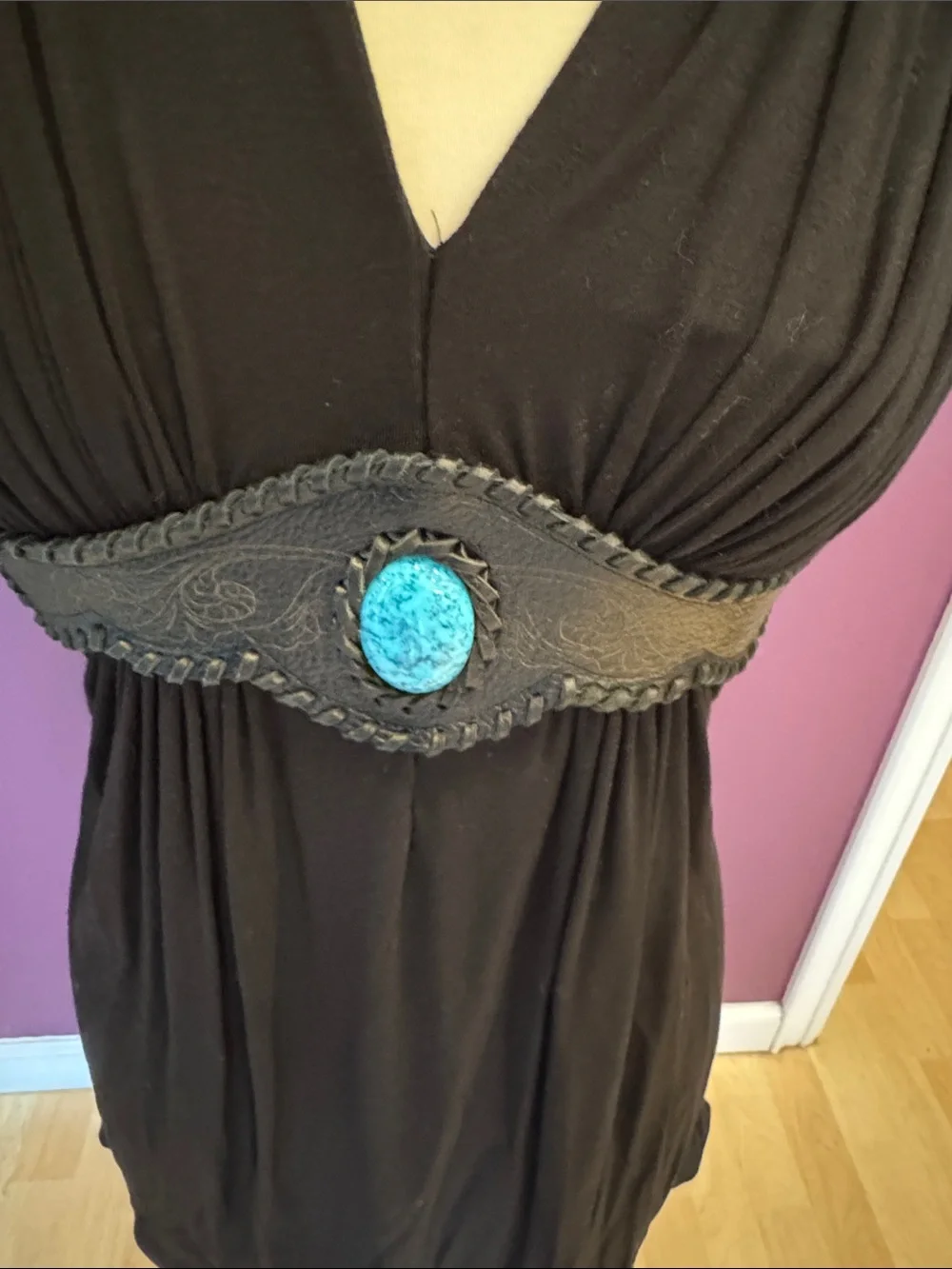 Sky Black V‑Neck Tunic with Turquoise Medallion - Picture 3 of 10